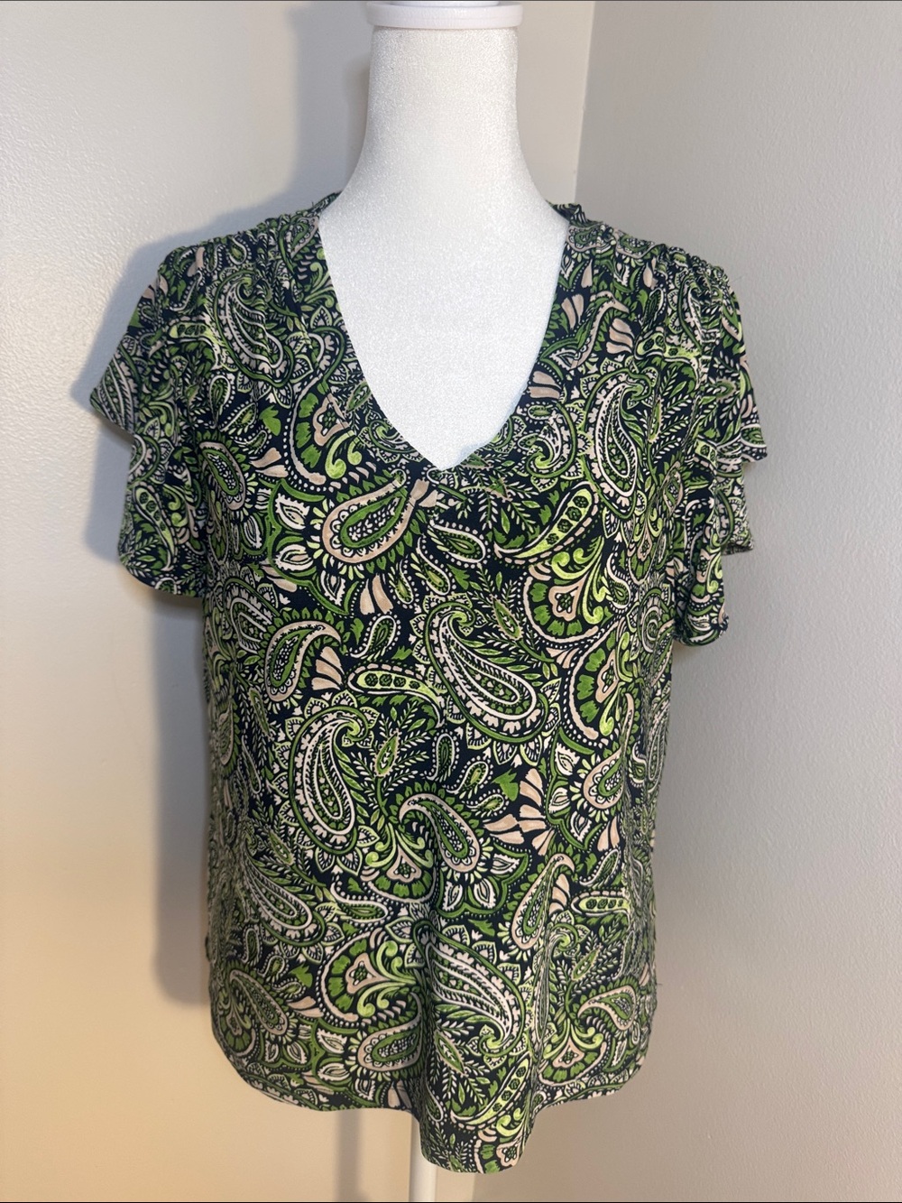 Tommy Hilfiger Green Paisley V-Neck Flutter Sleeve Blouse